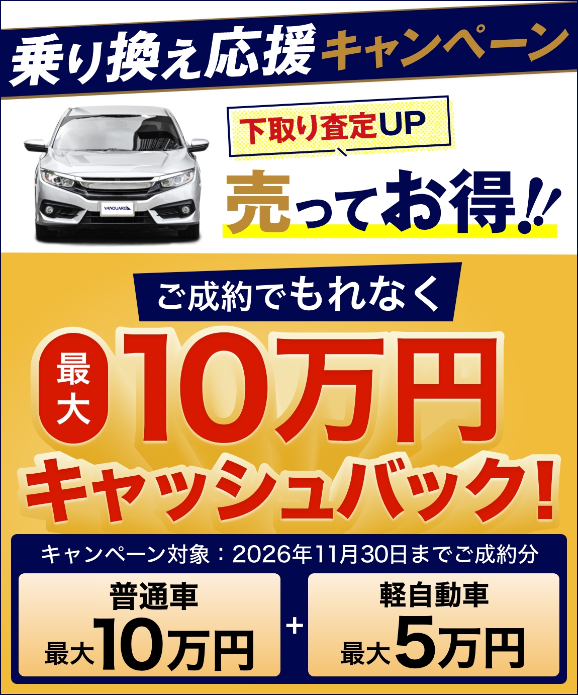 乗り換え応援キャンペーン 下取り査定アップ ご成約でもれなく最大10万円キャッシュバック 普通車最大10万円 軽自動車最大5万円 キャンペーン対象は2026年11月30日までのご成約分